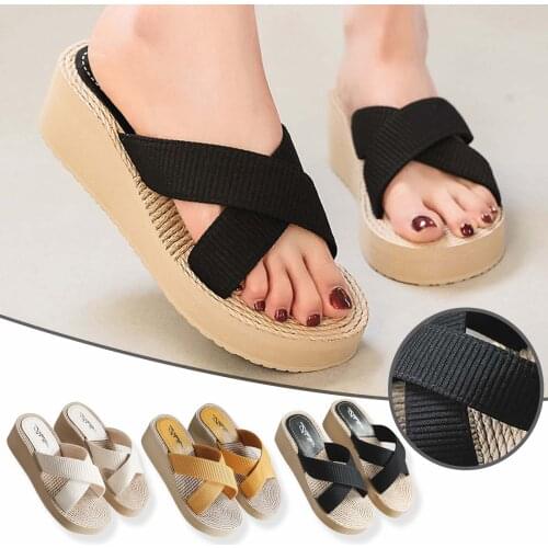 Summer Grass Slippers High Heel Beach Shoes Sandals Women 2021Wild Korean Womens Shoes platform Cross Strap Flip-flops sandale
