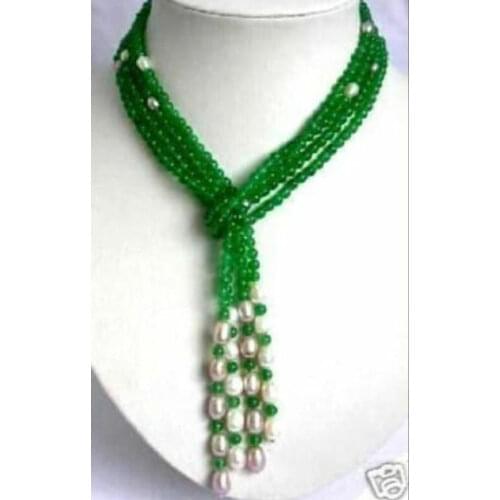 6mm Beautiful White pearl Natural green jade necklace 50 "