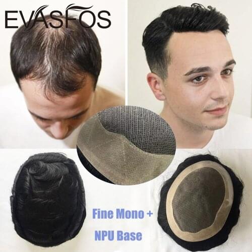 EVASFOS Remy Male Human Hair Wig Fine Mono Base NPU Around Male Hair Prosthesis Toupee Replacement System Hair Unit For Men