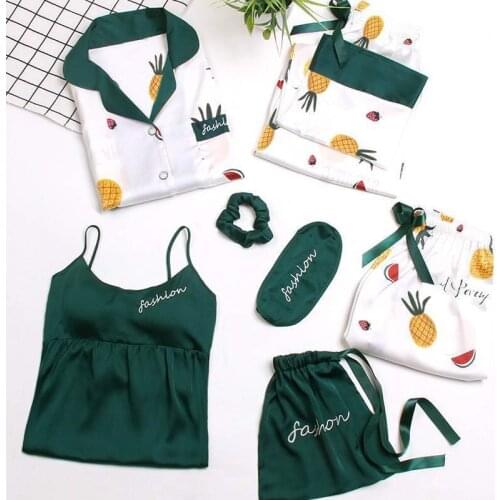 Long sleeve Pajama suit ice silk seven piece set student girl Pajama suit silk household suit with breast pad