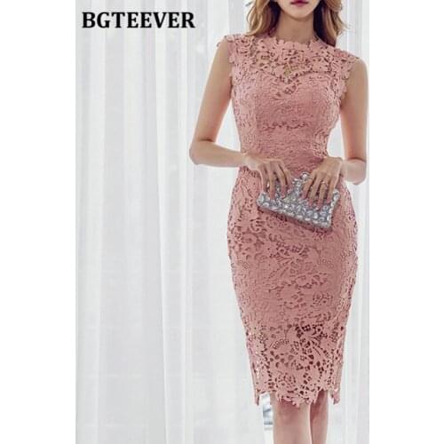 BGTEEVER Chic Elegant O-neck Hollow Out Women Lace Dress 2021 Summer Vestidos Sleeveless Slim Waist Female Bodycon Midi Dress