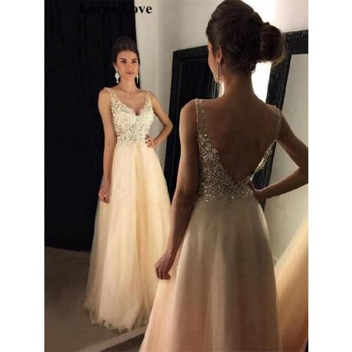 Champagne Prom Dresses 20020 Sexy Women Formal Party Appliques Tulle Floor Length Long Graduation A-line Backless Evening Gowns