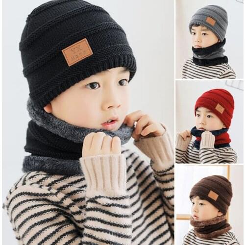 Q 48-54CM Fashion Warm Ear Thicken Flanging Winter Hat Knitted Scarf Set Childrens Hat Korean Style