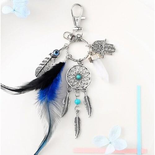 Handmade Feather Dream Catcher For Car Small Pendant Key Chain Wall Hanging Decoration Beads Leaves Crystal Keyring Wind Chimes