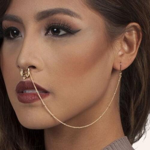 Hot New Design Hollow Fake Nose Rings With Chain Fashion Ear Chain Long Dangle Nose Earrings For Women Unique Body Jewelry