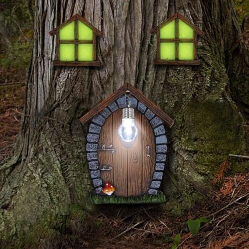 Fairy Gnome Home Miniature Windows and Doors with Cat Lights Are Suitable for Tree Decoration Garden Decoration
