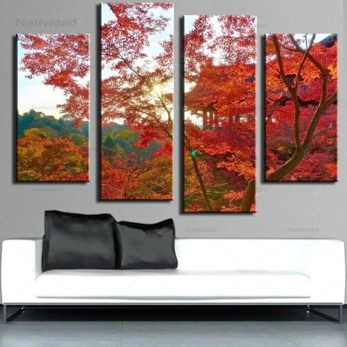 4 Pieces Frameless Modern Canvas Painting View of Colorful Leaves In Autumn Mural Wall Pictures Home Decoration for Bedroom