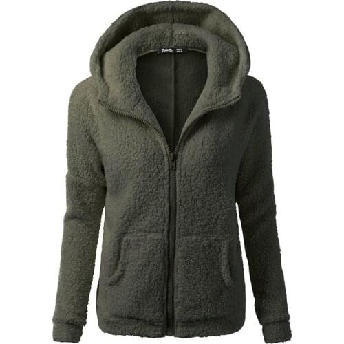Women Fleece Teddy Hoodies Zipper Solid Pocket Hooded Coat Winter Warm Wool Zip-Up Cotton Female Coat Outwear Casual Sweatshirt