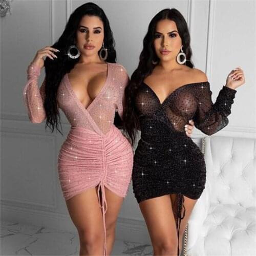 2021 fashion shiny diamonds summer dress elastic waist deep V-neck chiffon high waist mesh pink black dress women evening club