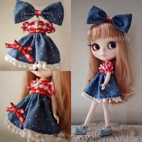 1 Set 1/6 1/8 1/12 BJD Dolls Bow Tie Hairpin + Red Grid Denim Dress Suit for Blyth, OB11 Doll Clothes Accessories