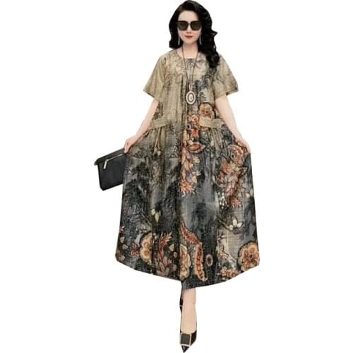 2021 Summer Womens Silk Print Dress Loose Boutique Elegant Temperament Lady Dresses Oversize 5XL Vintage Dresses Female Fashion