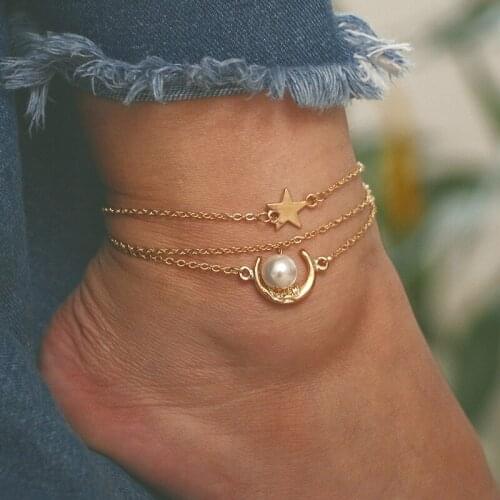 3Pcs/set Fashion Geometric Anklet Set For Women Beach Star Moon White Pearl Pendant Foot Jewelry Vintage Anklets Summer Jewelry
