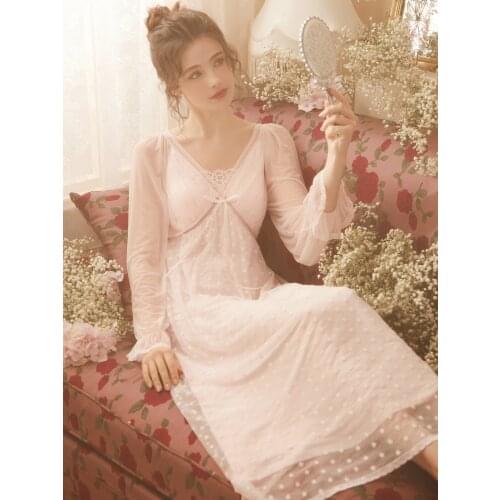 Free Shipping 2021 New Two layers Princess Nightdress Court Pijamas Womens Long Nightgown Pink and White Sweet Nightshirt