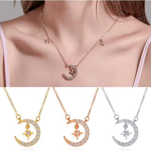 Moon Star Collarbone Necklace Fashion Women Shining Crystal Moon Star Pendant Chain Jewelry Charm Clavicle Necklace Gift