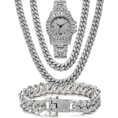 Iced Out Watch for Men Women Hip Hop Miami Cuban Chain Big Gold Chain Necklace Fashion Jewelry Set Paved Rhinestone Bling Watch