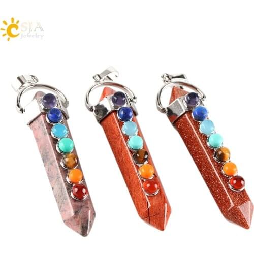 CSJA 7 Chakra Natural Gem Stone Pendants Hexagon Pendulum Healing Point Reiki Bullet Lapis Lazuli Crystal New Women Jewelry E333