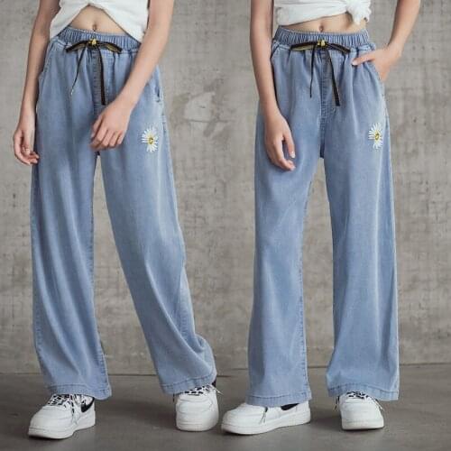 Girls Jeans 2021 Spring Autumn New Tencel Embroidery Jeans for Teenagers Clothes High Waist Loose Kids Trousers 8 10 12 Years