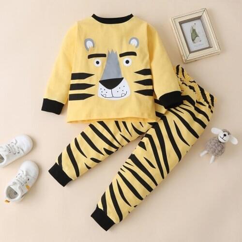 Cotton Fall Winter Toddler Boy Clothes 2pcs Set Lovely Cartoon Tiger Pattern Long Sleeve Tops+trousers Home Kids Clothes 1-6Y