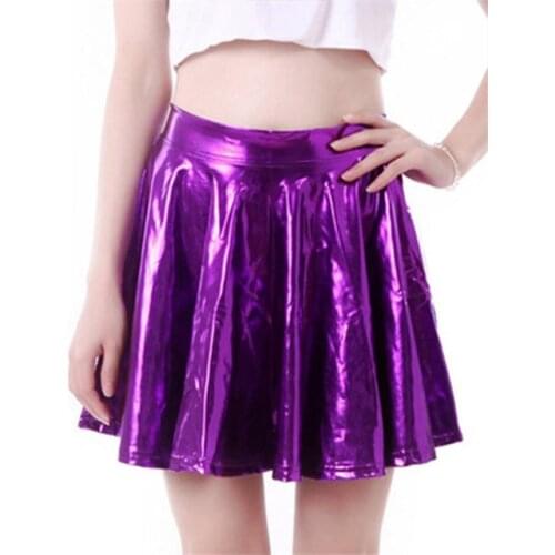 Solid Yellow Black Red Purple Gold Silver High Waist Shiny Skirts Womens Sexy Pleated Mini Skirt Night Club Short Jupe Femme