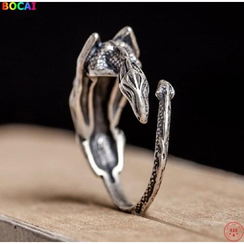 BOCAI S925 Sterling Silver Charm Rings 2021 Popular Retro Sleep Dragon Hand Ornaments Pure Argentum Jewelry for Women and Men