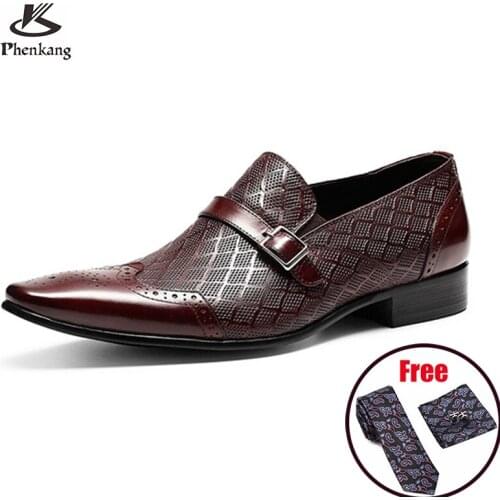 Men leather shoes business dress suit shoes men brand Bullock genuine leather black buckle wedding mens shoes Phenkang 2020
