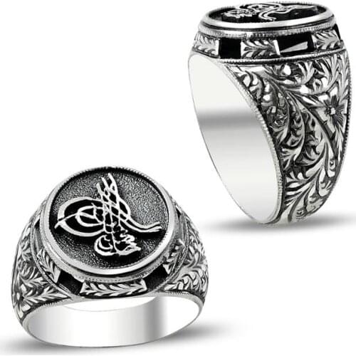 Ottoman Signet Men Ring Round Men Silver Ring Turkish Handmade Jewelery Vintage Men Ring Engraved Ring for Men 925K Silver Ring
