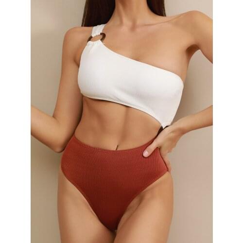 2021 Summer Women New Bikini Sexy Ring Connected One-Piece Swimsuit Patchwork White Brown Swimwear