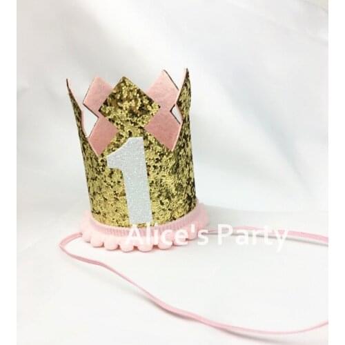 Handmade New Pink Glitter Gold Girl Birthday Party Crown Hats,Shining Decorations,Kids First Party Favors Photo Props