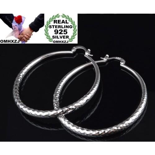 OMHXZJ Wholesale Personality Fashion OL Woman Girl Party Silver Oversize Engraved Round 925 Sterling Silver Hoop Earrings YE486
