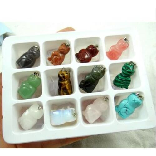 Natural stone mixed carved Cat Turquoises Quartz Crystal lapis Opal charms pendants for diy jewelry making necklaces12pcs