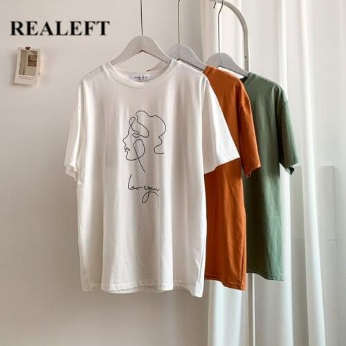 REALEFT Summer 2021 New White Loose Abstract Printing Womens T-Shirts Bottoming O-Neck Short Sleeve Casual Female Shirts Tops