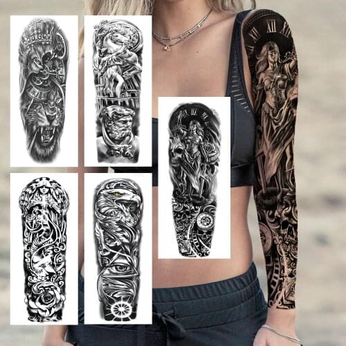 Samurai Skull Compass Full Sleeve Tattoo Sticker For Women Men Roman Lion Nun Cross Temporary Tattoo Big Eagle Eye Fake Tatoos