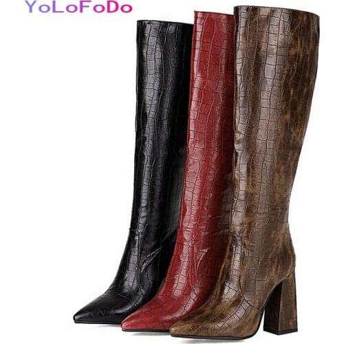 Black Red Brown High Quality Women Knee High Boots Fashion Pointed Toe Side Zipper Calf Boots Fall Winter Square High Heel Shoes