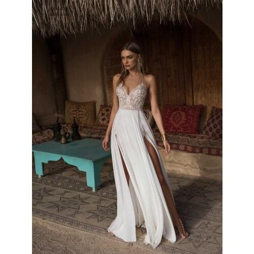 Sleeveless Chiffon V-neck Floor-length Backless Beach Spaghetti Straps Vintage Lace Cheap Wedding Dress 2020 Plus Size Simple