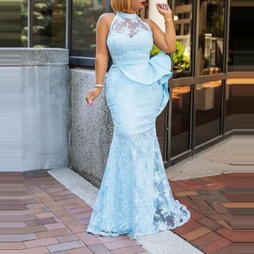 Light Blue Aso Ebi Evening Dresses Mermaid Ruched Lace Appliques Halter Neck Floor Length African Gala Prom Night Gowns