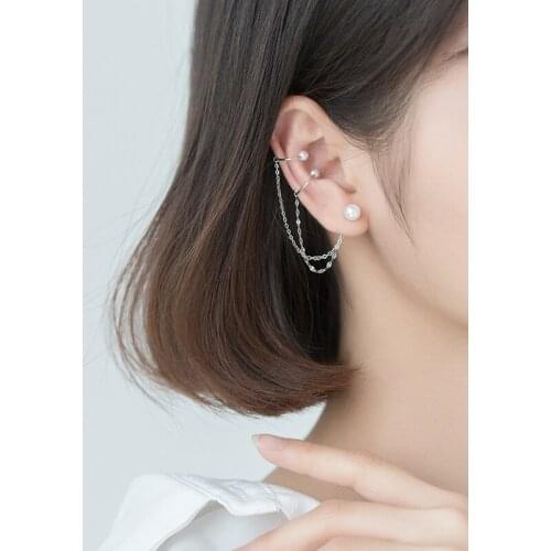 ONLY 1PC Real. 925 Sterling Silver Piercing Shell Pearl &Lucky Bead ball ear-bone Clip On Cuff Earrings Tassel C-G6263