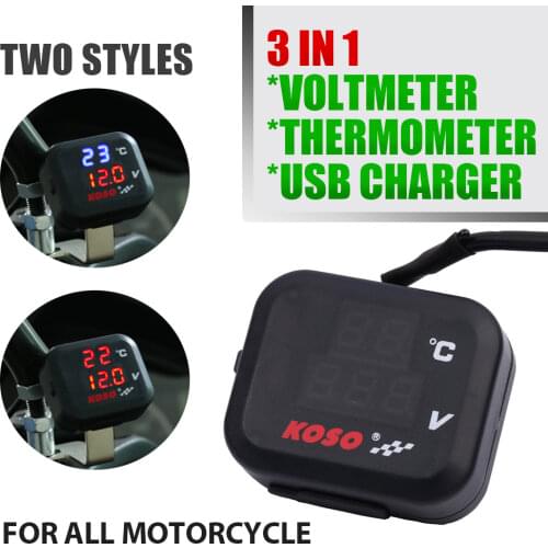 Universal KOSO Motorcycle Voltmeter Indicator Temperature Marker Voltage Digital Display USB Charger For Vespa Yamaha TMAX XMAX