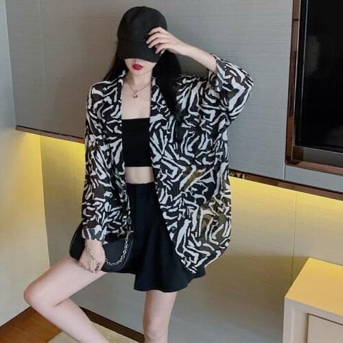 2021 Summer Zebra Pattern Suits Topfor Women Tunic Korean Fashion Chiffon Blouse for Women Street Style Oversized Shirt