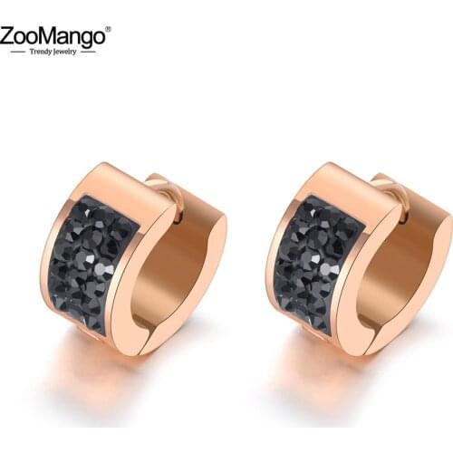 ZooMango Trendy Mosaic Rhinestone Titanium Stainless Steel Hoop Earrings Rose Gold Crystal Ears Jewelry For Women Girls ZE19148