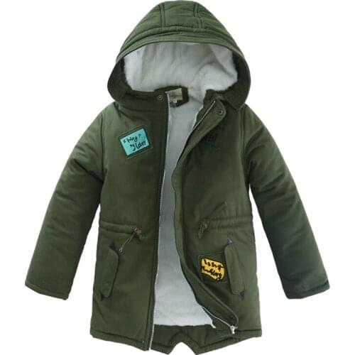 Boys winter new style plus velvet padded coat boy five-pointed star hooded jacket boy letter printing casual warm cotton coat