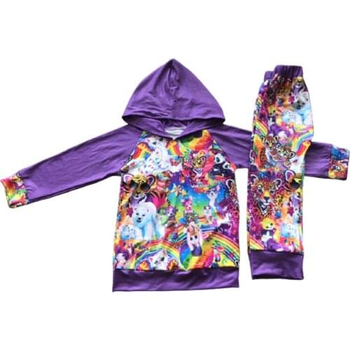 Baby girl winter Boutique Girls Purple cartoon print hooded long sleeve with pants 2 piece suit new style20