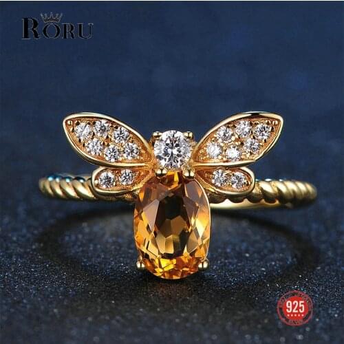 100% 925 Sterling Silver Ring Natural Ametrine Stone Jewelry 18K Gold-plated Gemstone Rings Fashion Small Bee Ring for Women