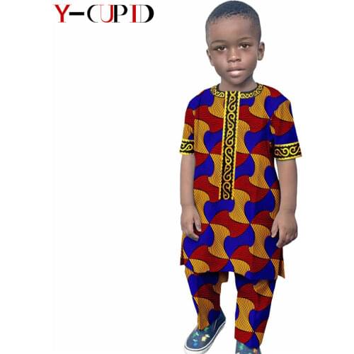 African Clothes for Kids Boys Outfits Custom Ankara Print Tops and Pants Sets Bazin Riche Traditional Children Clothing Y214001