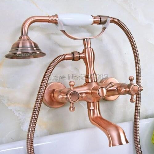 Antique Red Coppe Wall Mount Clawfoot Bathroom Bathtub Faucet Handheld Shower Mixer Tap lna340
