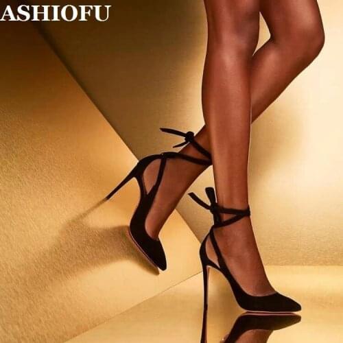 ASHIOFU Handmade Womens Stiletto Heels Pumps Faux-suede Pointy Party Office Shoes Cross Ankle Strap Large Size Fashion Shoes