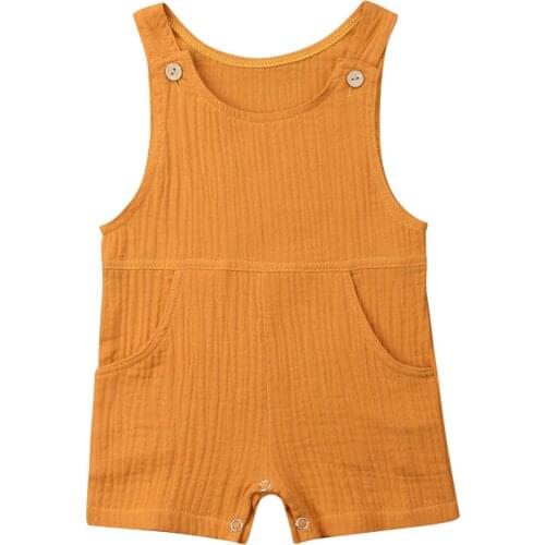 Newborn Baby Girls Boys Solid Romper Button Pocket Sleeveless O Neck Infant Toddler Summer Cotton Rompers Jumpsuits 0-24M