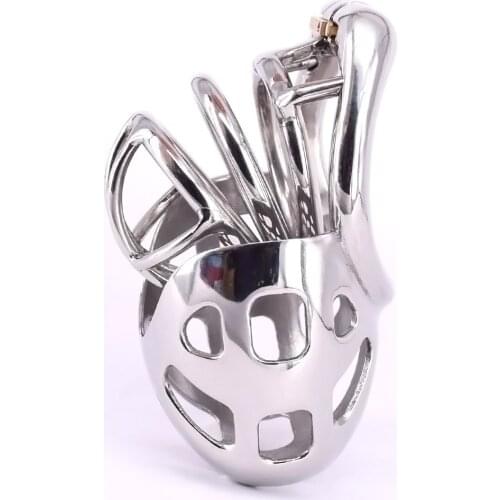 Short Chastity Cage with Scrotum Testicle Pouch Stainless Steel Arc Cockring Metal Chastity Devices for Men Bondage Gear Sex Toy