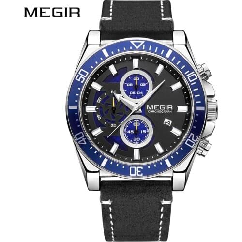 Creative Design Big Dial MEGIR Watch Men Fashion Quartz Watches Leather Sport Quartz Wristwatches Chronograph Clock Male 2020