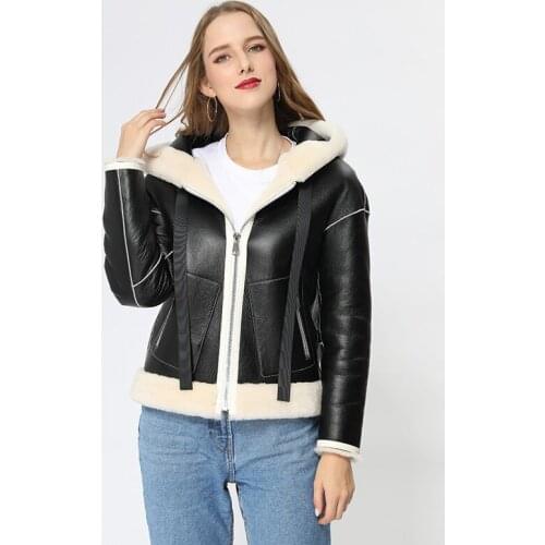 Winter Coat Women Simple Casual Black Short Zipper Genuine Leather Shearling Jacket With Fur Hood MJF-SJ-05