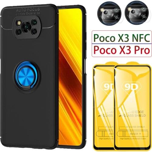 Matte Cover with Magnetic Ring for Xiaomi Poco X3 Case&Glass, Funda Poco-X3 NFC Case Cristal Templado Poco-X3-NFC Silicone Cover